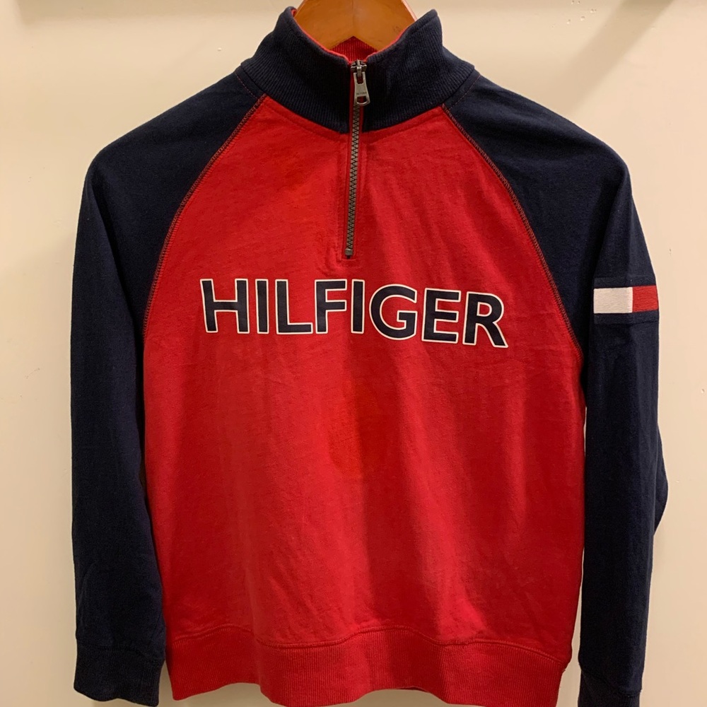 Tommy Hilfiger sweatshirt. Colors red and navy blue. Size youth medium.